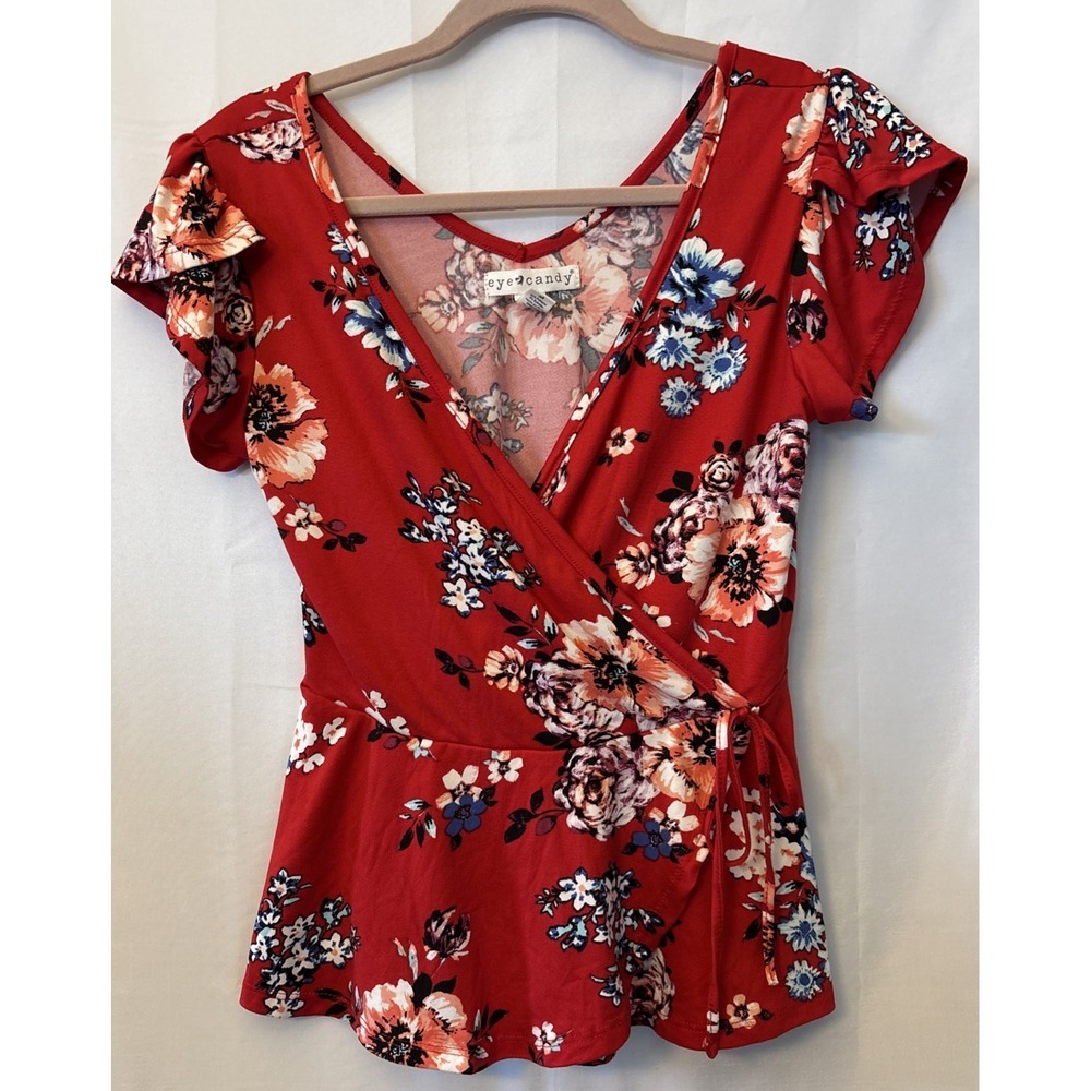 Women's Red Crisscross Floral Peplum Waist Tie Blouse Flutter Coquette Sleeve M